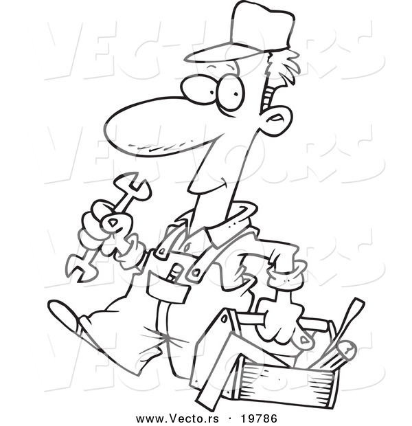 Vector of a Cartoon Repair Man Carrying a Tool Box - Outlined Coloring Page