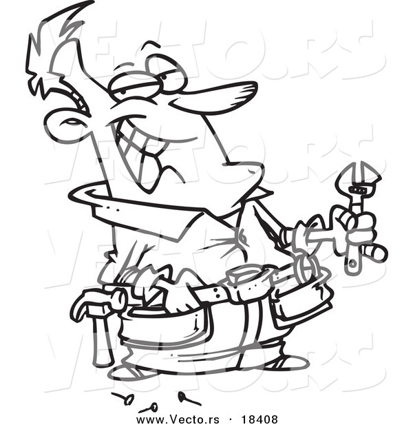 Vector of a Cartoon Repair Man Holding a Wrench - Outlined Coloring Page