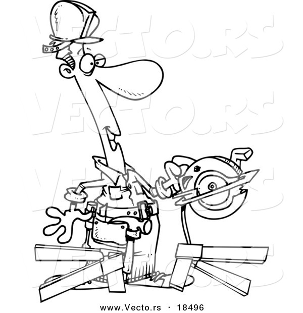Vector of a Cartoon Repair Man Using a Circular Saw - Outlined Coloring Page