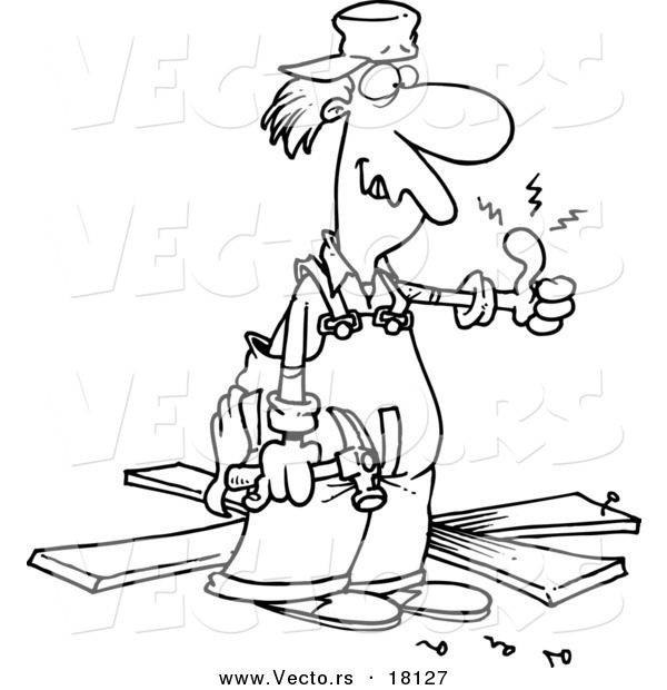 Vector of a Cartoon Repair Man with a Throbbing Thumb - Outlined Coloring Page