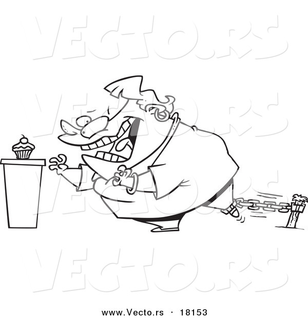 Vector of a Cartoon Restrained Woman Reaching for a Cupcake - Outlined Coloring Page