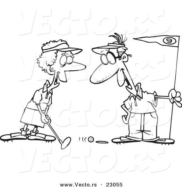 Vector of a Cartoon Retired Couple Golfing - Coloring Page Outline