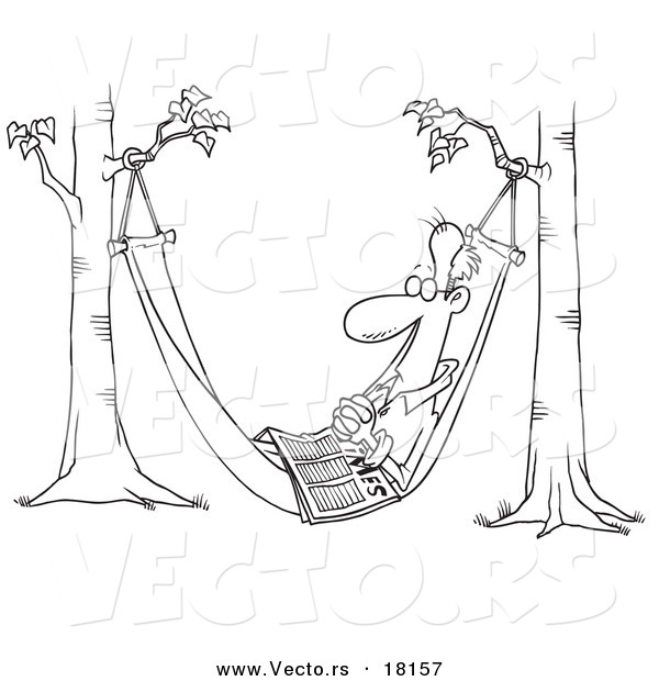 Vector of a Cartoon Retired Man Napping in a Hammock with a Newspaper - Outlined Coloring Page