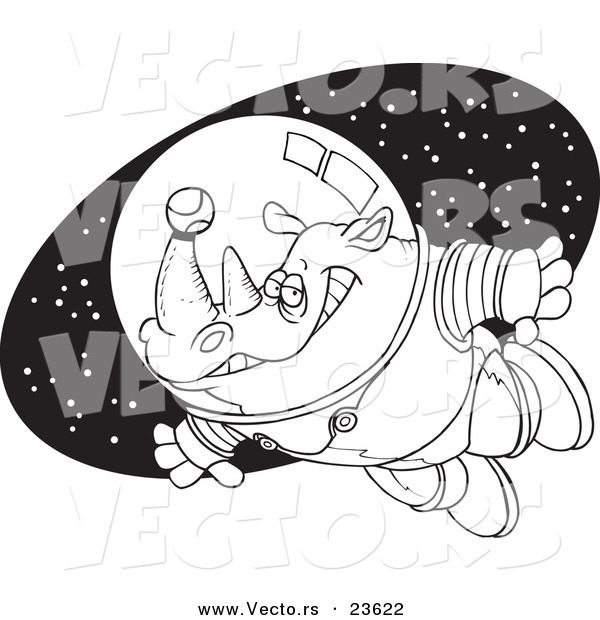 Vector of a Cartoon Rhino Astronaut with a Tennis Ball - Coloring Page Outline