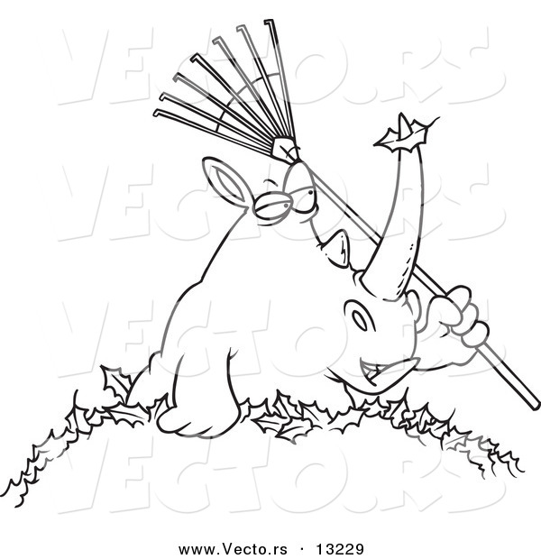 Vector of a Cartoon Rhino Holding a Rake in a Pile of Leaves - Coloring Page Outline