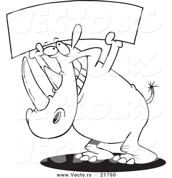 Vector of a Cartoon Rhino Holding up a Blank Banner - Outlined Coloring Page