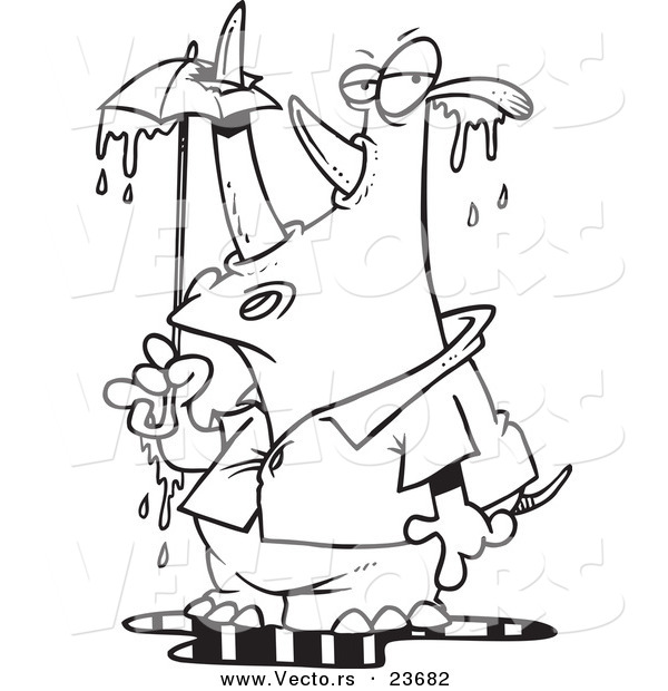 Vector of a Cartoon Rhino Puncturing an Umbrella with His Horn - Coloring Page Outline