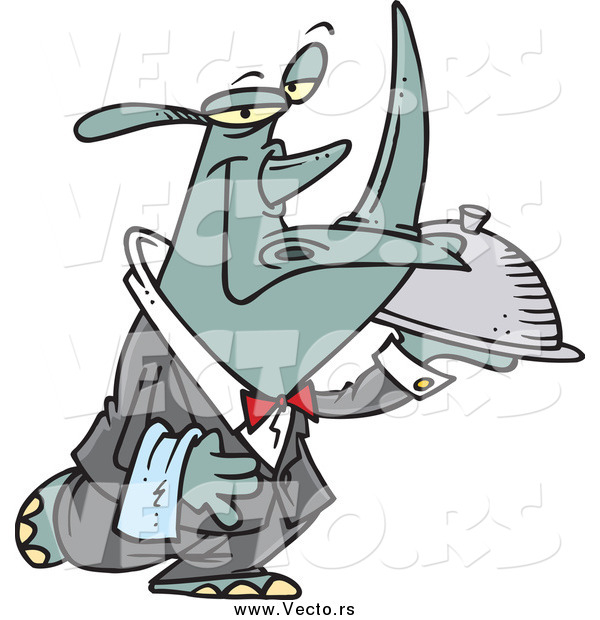 Vector of a Cartoon Rhino Waiter Carrying a Cloche
