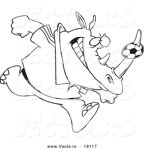 Vector of a Cartoon Rhino with a Soccer Ball on His Horn - Outlined Coloring Page