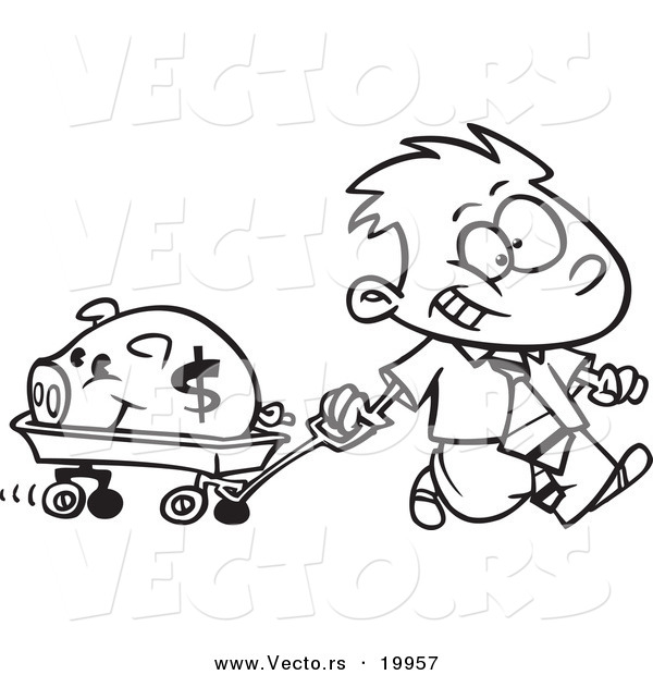 Vector of a Cartoon Rich Boy Pulling His Piggy Bank in a Wagon - Outlined Coloring Page