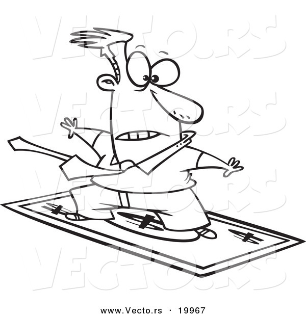 Vector of a Cartoon Rich Businessman Surfing on a Dollar Bill - Outlined Coloring Page