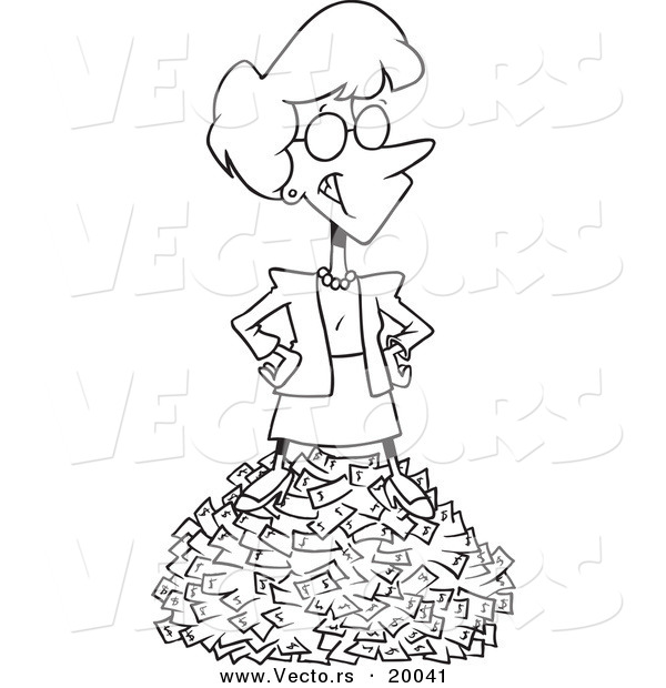 Vector of a Cartoon Rich Businesswoman Standing on Cash - Outlined Coloring Page