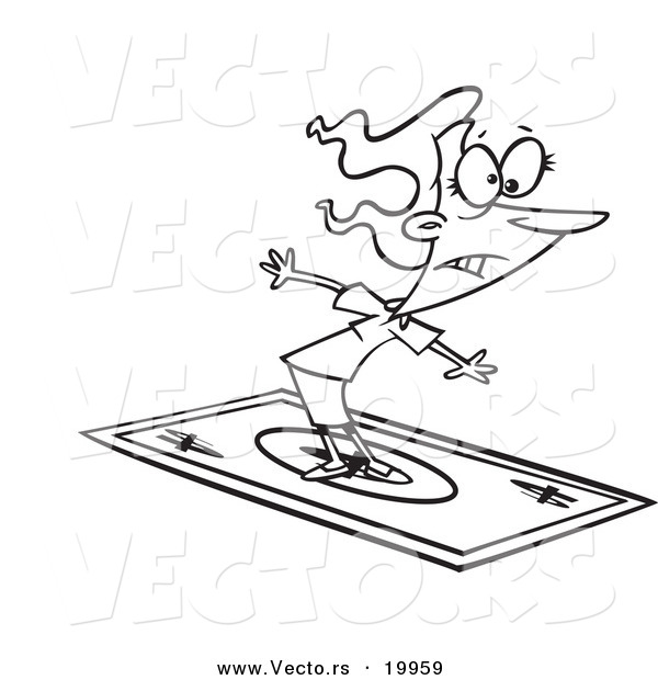 Vector of a Cartoon Rich Businesswoman Surfing on a Dollar Bill - Outlined Coloring Page
