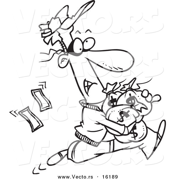 Vector of a Cartoon Robber Getting Away with Bags of Cash - Outlined Coloring Page Drawing