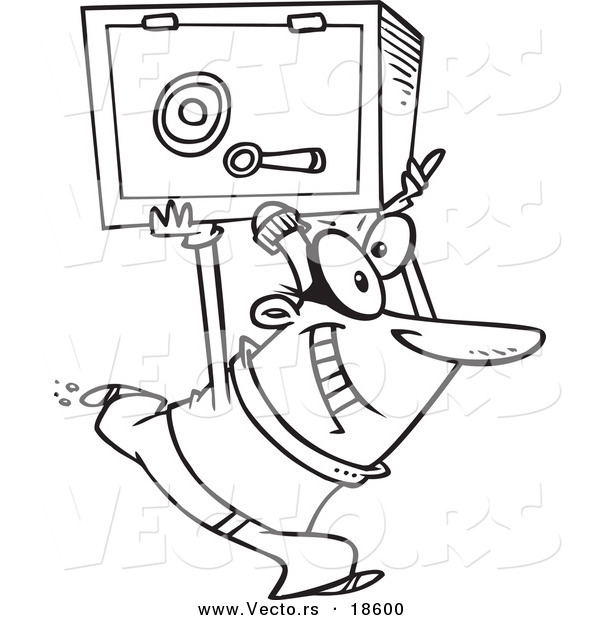 Vector of a Cartoon Robber Heisting a Safe - Outlined Coloring Page