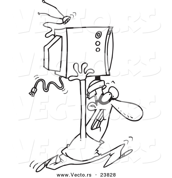 Vector of a Cartoon Robber Stealing a TV - Coloring Page Outline