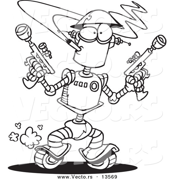Vector of a Cartoon Robot Smoking a Cigarette and Holding Guns - Coloring Page Outline