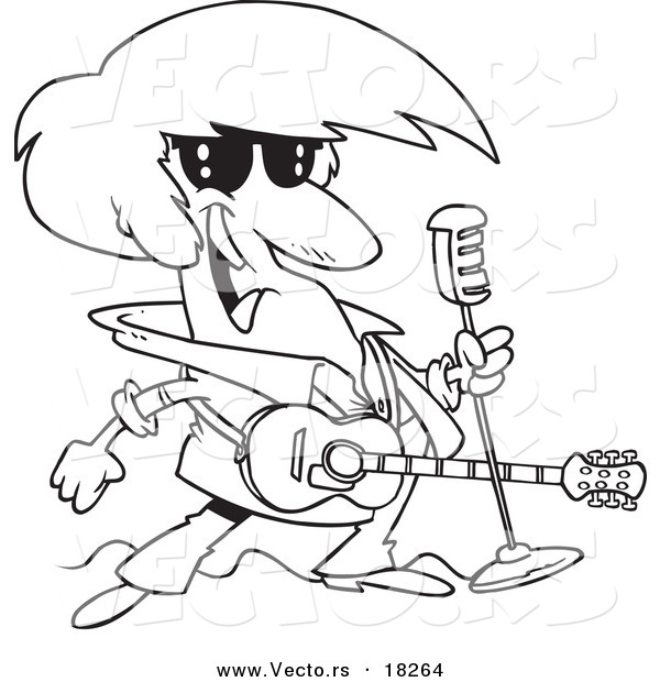 Vector of a Cartoon Rocker with a Microphone and Guitar - Outlined Coloring Page