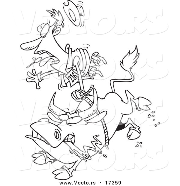 Vector of a Cartoon Rodeo Bull and Cowboy - Coloring Page Outline