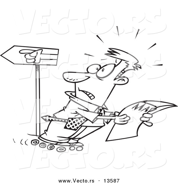 Vector of a Cartoon Rollerblading Businessman Reading a Map and Going the Wrong Way - Coloring Page Outline