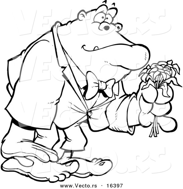 Vector of a Cartoon Romantic Gorilla Holding Flowers - Outlined Coloring Page Drawing