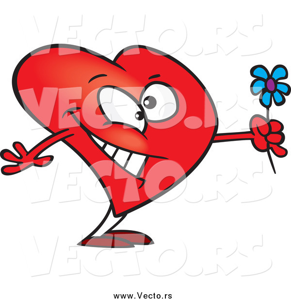 Vector of a Cartoon Romantic Heart Character Holding Flowers