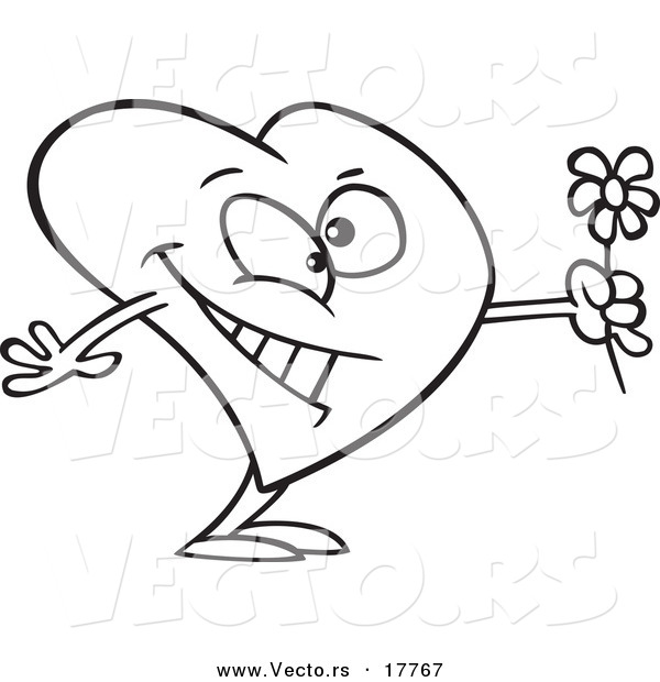 Vector of a Cartoon Romantic Heart Holding Flowers - Outlined Coloring Page