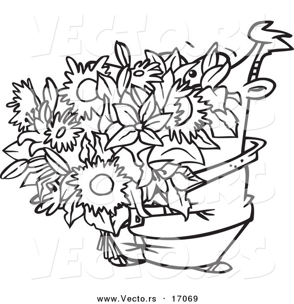 Vector of a Cartoon Romantic Man Carrying a Big Bouquet - Coloring Page Outline