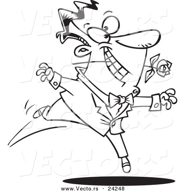 Vector of a Cartoon Romantic Man Dancing with a Rose - Outlined Coloring Page