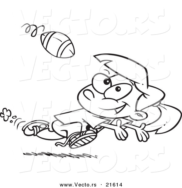 Vector of a Cartoon Running Girl Catching a Football - Outlined Coloring Page