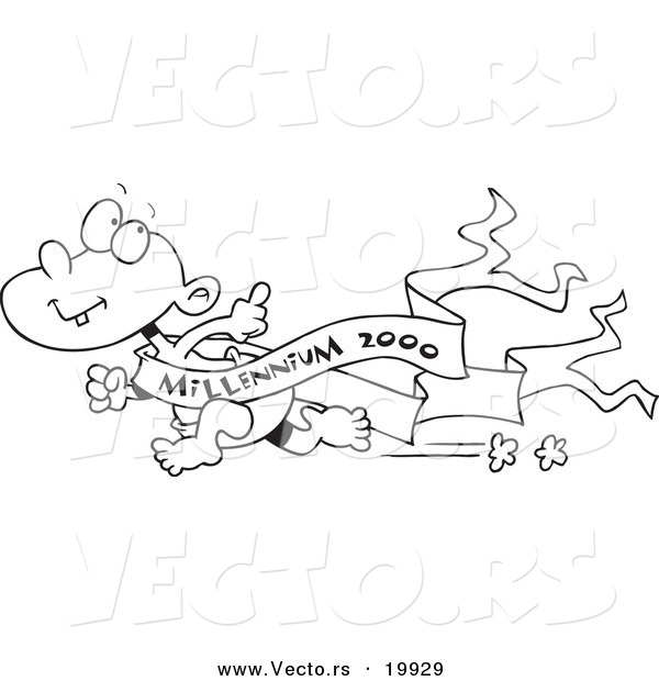 Vector of a Cartoon Running New Year Baby with a Banner - Outlined Coloring Page