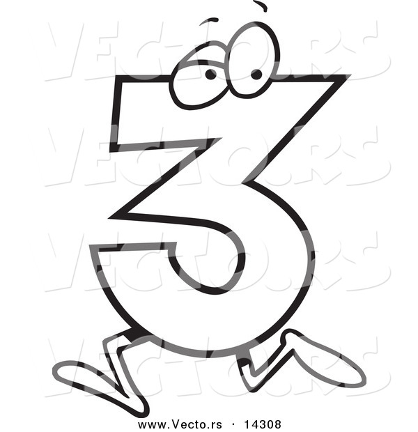 Vector of a Cartoon Running Number Three - Coloring Page Outline