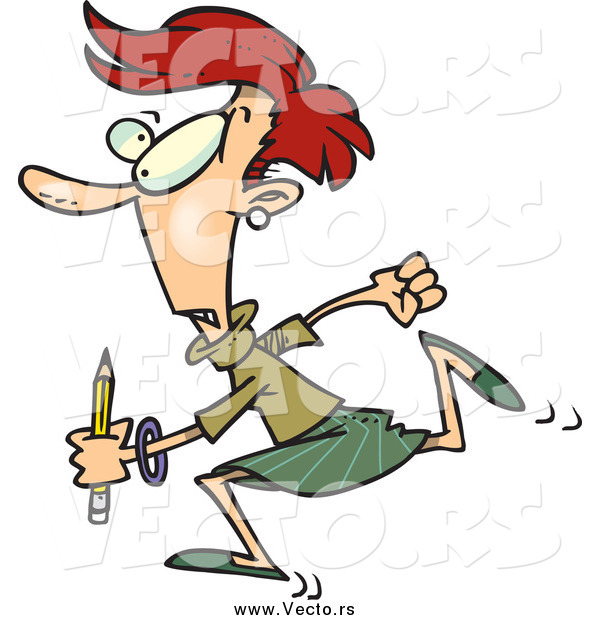 Vector of a Cartoon Rushed Red Haired Woman Running with a Pencil