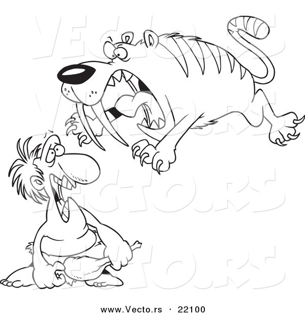 Vector of a Cartoon Saber Tooth Tiger Attacking a Caveman - Outlined Coloring Page