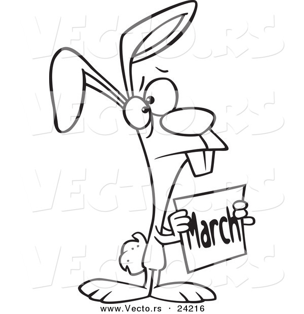 Vector of a Cartoon Sad Bunny Holding a March Sign - Coloring Page Outline