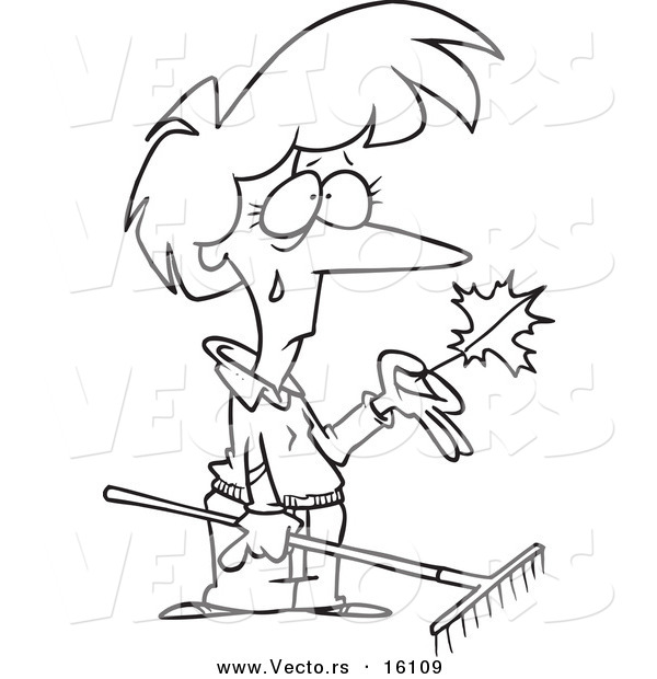 Vector of a Cartoon Sad Girl Raking Autumn Leaves - Outlined Coloring Page Drawing