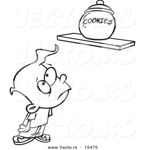 Vector of a Cartoon Sad Kid Staring at a Cookie Jar on a Shelf - Coloring Page Outline