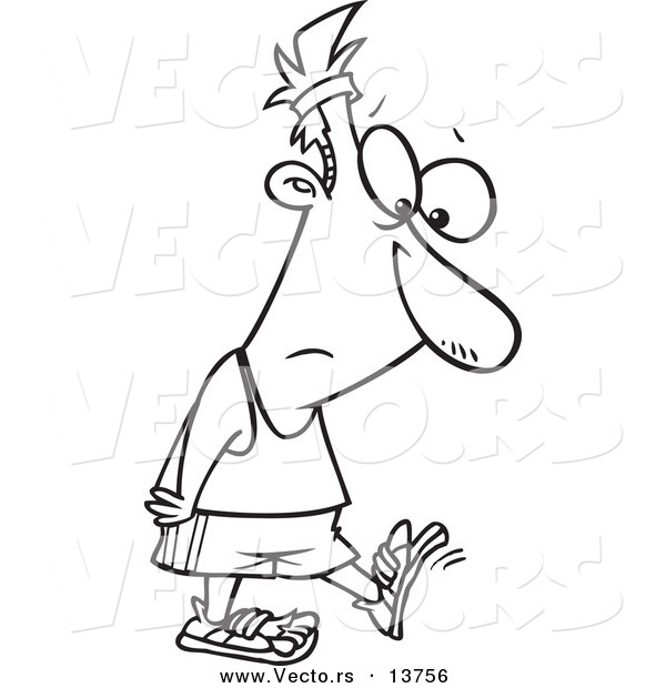 Vector of a Cartoon Sad Man Walking in Worn Shoes - Coloring Page Outline