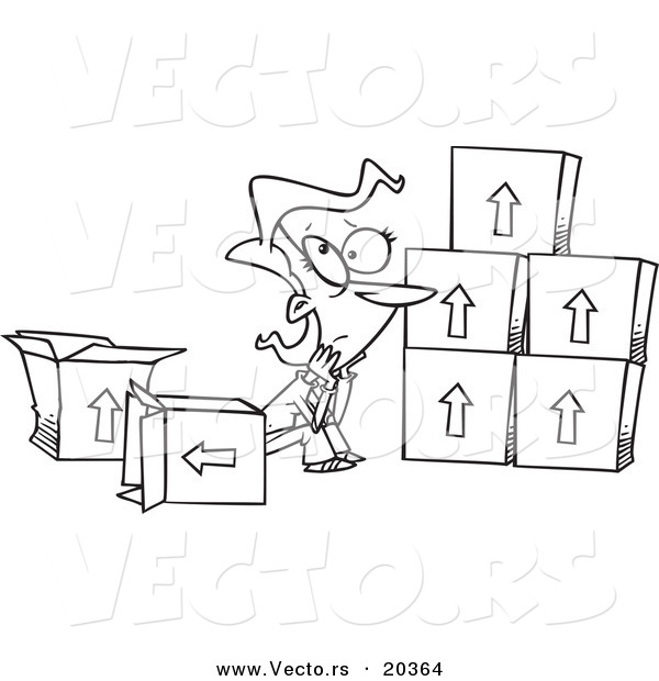 Vector of a Cartoon Sad Woman Sitting by Moving Boxes - Coloring Page Outline