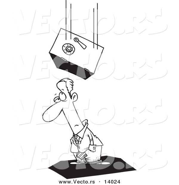 Vector of a Cartoon Safe Falling on an Unlucky Businessman - Coloring Page Outline