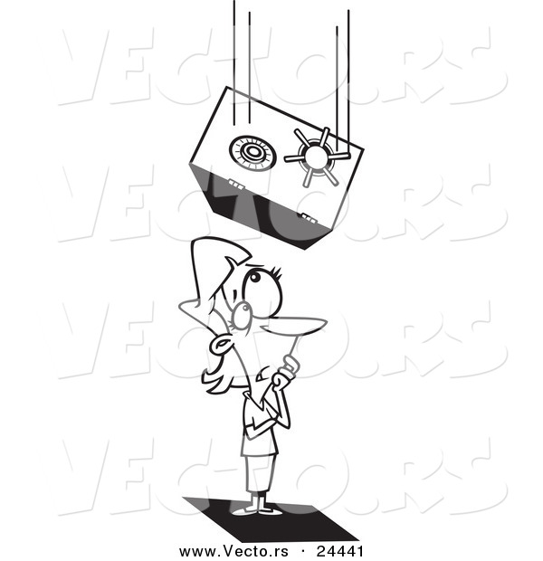 Vector of a Cartoon Safe Falling on an Unlucky Businesswoman - Outlined Coloring Page