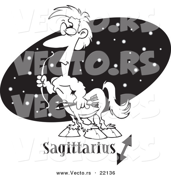 Vector of a Cartoon Sagittarius Centaur over a Black Oval - Outlined Coloring Page