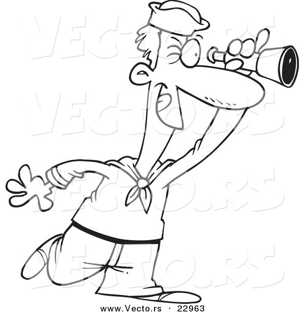 Vector of a Cartoon Sailoor Using a Spyglass - Coloring Page Outline