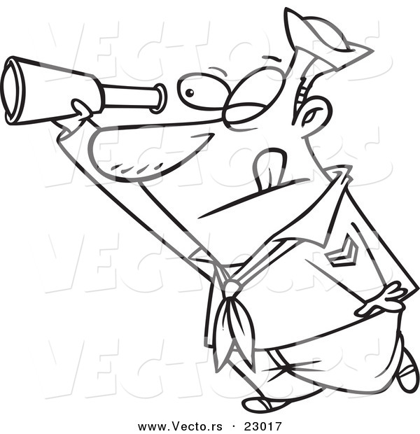 Vector of a Cartoon Sailor Using a Telescope - Coloring Page Outline
