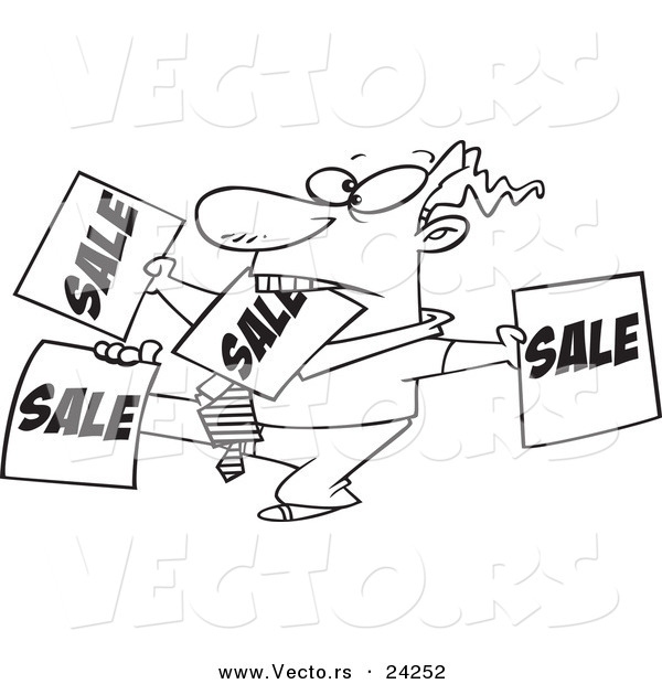 Vector of a Cartoon Salesman Holding up Many Signs - Outlined Coloring Page