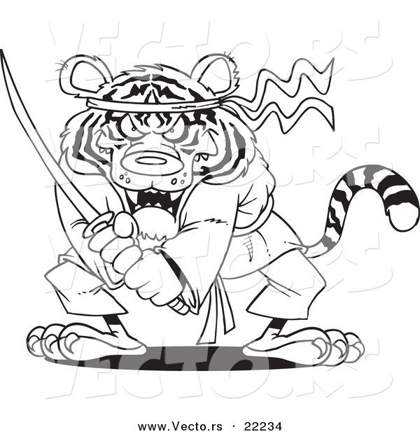 Vector of a Cartoon Samurai Tiger with a Sword - Outlined Coloring Page