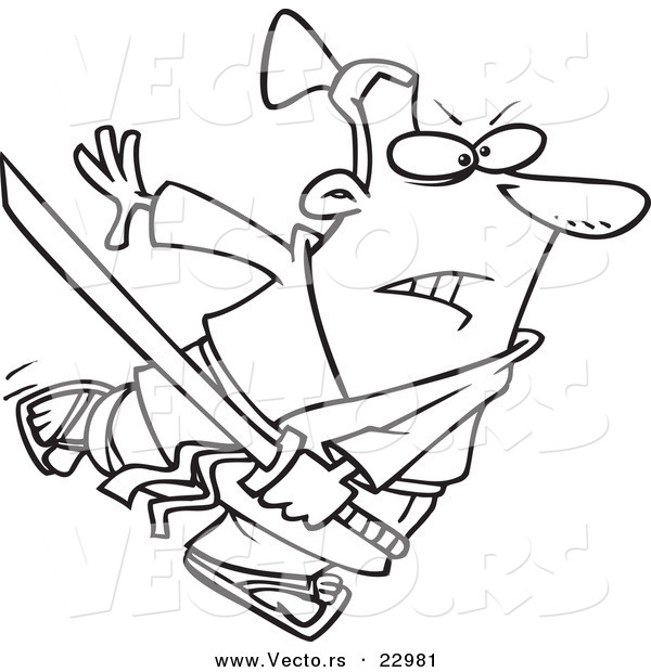 Vector of a Cartoon Samurai with a Sword - Coloring Page Outline