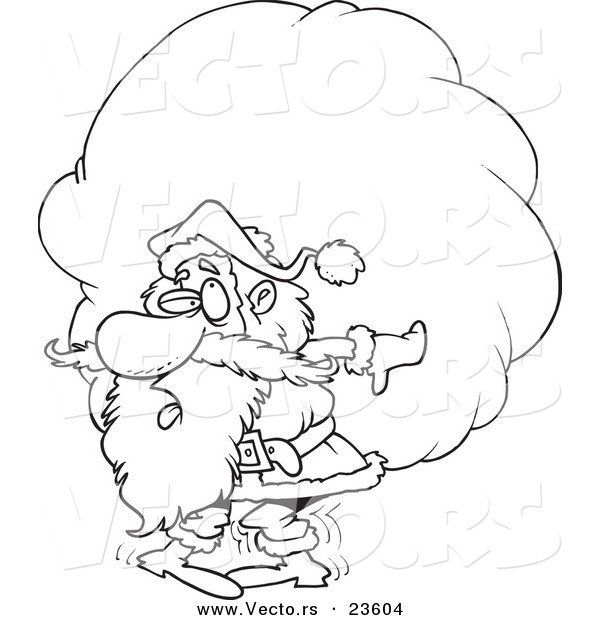 Vector of a Cartoon Santa Carrying a Heavy Sack - Coloring Page Outline