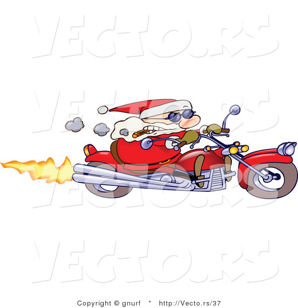 Vector of a Cartoon Santa Claus Speeding on a Motorcycle While Smoking a Cigar