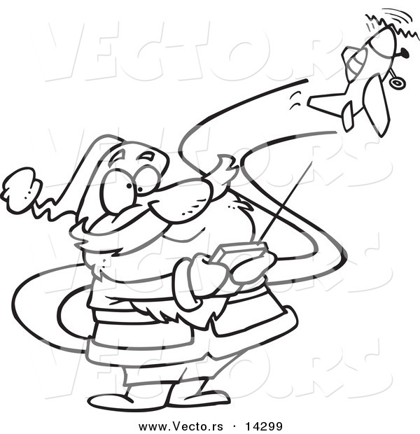 Vector of a Cartoon Santa Flying a Remote Control Plane - Coloring Page Outline